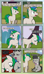 Size: 1920x3169 | Tagged: safe, artist:alexdti, imported from derpibooru, octavia melody, oc, oc:star logic, earth pony, pony, unicorn, comic:quest for friendship, angry, bipedal, comic, crying, dialogue, duo, eye contact, female, floppy ears, green eyes, gritted teeth, hoof on chest, horn, looking at each other, looking down, male, mare, misspelling, one eye closed, open mouth, outdoors, purple eyes, raised hoof, shadow, sitting, speech bubble, stallion, starry eyes, tail, teary eyes, two toned mane, two toned tail, unicorn oc, walking, wingding eyes