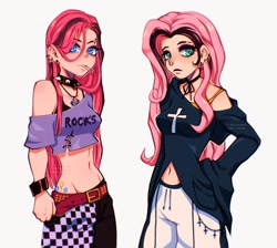 Size: 2232x2002 | Tagged: safe, artist:chisanamichin, imported from derpibooru, fluttershy, pinkie pie, human, cutie mark on human, duo, duo female, emoshy, female, high res, humanized, pinkamena diane pie, punkamena, punkie pie, simple background, white background