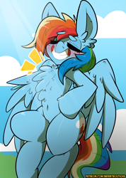 Size: 2227x3134 | Tagged: safe, artist:bbsartboutique, imported from derpibooru, rainbow dash, pegasus, pony, bipedal, blushing, chest fluff, ear fluff, eyes closed, grin, high res, smiling, solo, thighs