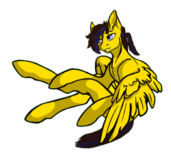 Size: 2692x2551 | Tagged: safe, artist:embro, artist:olkategrin, imported from derpibooru, oc, oc only, oc:lemon box, pegasus, pony, derpibooru community collaboration, 2022 community collab, blue eyes, blue hair, brown hair, colored, digital art, ear fluff, eyebrows, high res, looking away, male, ponytail, simple background, sitting, solo, spread wings, stallion, transparent background, wings