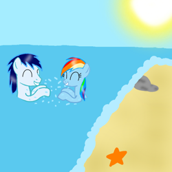 Size: 720x720 | Tagged: safe, artist:mlplary6, imported from derpibooru, rainbow dash, soarin', pegasus, pony, ^^, eyes closed, female, male, shipping, soarindash, splashing, straight, sun, water