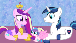 Size: 1280x720 | Tagged: safe, artist:mlplary6, imported from derpibooru, princess cadance, princess flurry heart, shining armor, alicorn, pony, unicorn, baby, father and child, father and daughter, female, filly, foal, husband, husband and wife, male, mare, married couple, mother and child, mother and daughter, shiningcadance, shipping, sitting, smiling, stallion, straight, wife