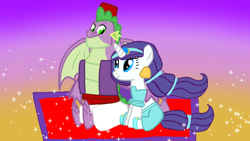 Size: 720x405 | Tagged: safe, artist:mlplary6, imported from derpibooru, rarity, spike, dragon, pony, unicorn, aladdin, clothes, cosplay, costume, disney, female, male, older, older spike, shipping, sparity, straight, winged spike, wings