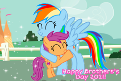 Size: 1075x720 | Tagged: safe, artist:mlplary6, imported from derpibooru, rainbow dash, scootaloo, pegasus, pony, ^^, brothersday, eyes closed, female, filly, hug, siblings, sisters