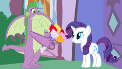 Size: 1280x720 | Tagged: safe, artist:mlplary6, imported from derpibooru, rarity, spike, dragon, pony, unicorn, blushing, bouquet of flowers, female, male, older, older spike, shipping, sparity, straight, winged spike, wings