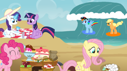 Size: 1280x720 | Tagged: safe, artist:mlplary6, imported from derpibooru, applejack, fluttershy, pinkie pie, rainbow dash, rarity, twilight sparkle, alicorn, earth pony, pegasus, pony, turtle, unicorn, ^^, apple, basket, beach, burger, cake, daffodil and daisy sandwich, eyes closed, female, food, hay burger, picnic basket, picnic blanket, sandwich, twilight sparkle (alicorn)