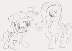 Size: 1108x785 | Tagged: safe, artist:dotkwa, imported from derpibooru, fluttershy, oc, oc:dotmare, earth pony, pegasus, pony, blushing, canon x oc, dialogue, female, filly, filly fluttershy, floppy ears, grayscale, lesbian, monochrome, shipping, shy, sketch, younger