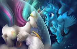Size: 4038x2600 | Tagged: safe, artist:auroriia, imported from derpibooru, nightmare moon, princess celestia, princess luna, alicorn, pony, crown, duo, female, flying, force field, high res, horn, horns are touching, jewelry, mare, open mouth, regalia, royal sisters, siblings, sisters, spread wings, windswept mane, wings