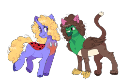 Size: 1200x800 | Tagged: safe, artist:valkiria, imported from derpibooru, oc, oc only, oc:bitzy berry, oc:frizz, changedling, changeling, changepony, griffon, hybrid, cat ears, changedling oc, changeling oc, chest fluff, duo, female, griffon oc, looking at each other, looking at someone, male, one eye closed, raised leg, simple background, trans male, transgender, transparent background, wink