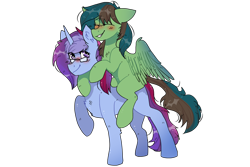 Size: 1200x800 | Tagged: safe, artist:valkiria, imported from derpibooru, oc, oc only, oc:gusty longbow evergreen, oc:marquis majordome, oc:marquise soubrette, oc:windy barebow evergreen, pegasus, pony, unicorn, blushing, chest fluff, duo, eyes closed, female, glasses, grin, male, mare, multicolored hair, ponies riding ponies, raised hoof, riding, rule 63, simple background, smiling, stallion, transparent background