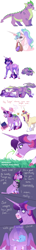 Size: 2000x14030 | Tagged: safe, artist:uunicornicc, imported from derpibooru, moondancer, princess celestia, spike, twilight sparkle, alicorn, butterfly, dragon, pony, unicorn, alternate design, baby, baby bottle, baby spike, book, chest fluff, cloven hooves, coat markings, colored wings, crying, dewclaw, egg, facial markings, floppy ears, grass, heart eyes, leonine tail, magic, mama twilight, mouth hold, multicolored wings, older, quadrupedal spike, snip (coat marking), socks (coat markings), tail, touch grass, twilight sparkle (alicorn), unicorn twilight, unshorn fetlocks, wingding eyes, winged spike, wings, younger