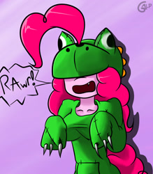 Size: 1280x1463 | Tagged: safe, artist:genericmlp, imported from derpibooru, pinkie pie, anthro, breasts, clothes, costume, dinosaur costume, female, mare, rawr, signature, solo