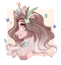 Size: 3000x3200 | Tagged: safe, artist:avroras_world, imported from derpibooru, oc, oc only, butterfly, earth pony, pony, bust, commission, crown, earth pony oc, female, flower, flower in hair, high res, jewelry, looking away, mare, regalia, simple background, smiling, solo, white background