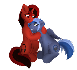 Size: 5195x4718 | Tagged: safe, artist:flapstune, imported from derpibooru, oc, oc only, oc:flaps tune, oc:pixi feather, derpibooru community collaboration, 2022 community collab, cutie mark, hug, looking at each other, simple background, sitting, smiling, transparent background, wings