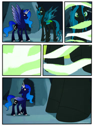 Size: 3000x4000 | Tagged: safe, artist:smallhorses, imported from derpibooru, princess luna, queen chrysalis, alicorn, changeling, changeling queen, comic:a hive on the moon, comic, female, g/t, giantess, growth, gt, macro, redesign, size difference, tiny