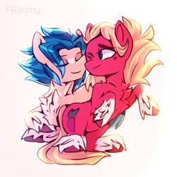 Size: 1500x1500 | Tagged: safe, artist:fraumflug, imported from derpibooru, hitch trailblazer, sprout cloverleaf, earth pony, pony, chest fluff, duo, eyebrows, eyebrows visible through hair, g5, gay, hitchsprout, male, my little pony: a new generation, nose to nose, shipping, shoulder fluff, signature, simple background, stallion, unshorn fetlocks, white background, windswept mane