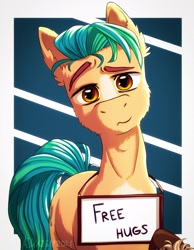 Size: 1592x2048 | Tagged: safe, artist:ajax, imported from derpibooru, hitch trailblazer, earth pony, pony, free hugs, g5, holding sign, looking at you, male, my little pony: a new generation, sign, solo, stallion