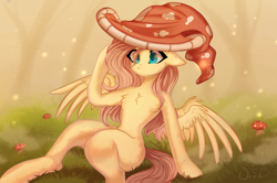 Size: 3084x2048 | Tagged: safe, artist:maybeweed, imported from derpibooru, fluttershy, pegasus, pony, :<, chest fluff, female, forest, hat, high res, mare, mushroom, sitting, solo