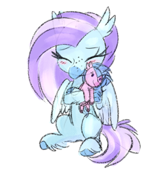 Size: 1078x1113 | Tagged: safe, artist:lbrcloud, imported from derpibooru, silverstream, oc, oc:ocean breeze, hippogriff, blushing, cute, eyes closed, female, freckles, hippogriff oc, hug, ocbetes, plushie, simple background, sketch, white background