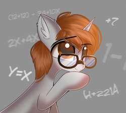 Size: 1952x1748 | Tagged: source needed, safe, artist:janelearts, imported from derpibooru, oc, oc only, oc:darkmind, pony, unicorn, blind, glasses, horn, male, math, simple background, solo, stallion, thinking
