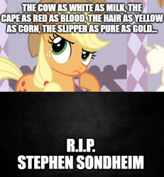 Size: 500x542 | Tagged: safe, edit, edited screencap, imported from derpibooru, screencap, applejack, earth pony, pony, comic, female, in memoriam, into the woods, mare, rest in peace, screencap comic, song reference