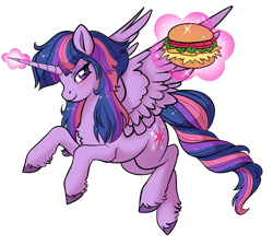 Size: 1950x1750 | Tagged: artist needed, safe, edit, editor:unofficial edits thread, imported from ponybooru, twilight sparkle, alicorn, pony, blushing, burger, female, food, hay burger, lidded eyes, magic, mare, simple background, smiling, solo, spread wings, telekinesis, transparent background, twilight sparkle (alicorn), unshorn fetlocks, wings