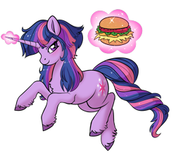 Size: 1950x1750 | Tagged: artist needed, safe, edit, editor:unofficial edits thread, imported from ponybooru, twilight sparkle, pony, unicorn, blushing, burger, female, food, hay burger, lidded eyes, magic, mare, simple background, smiling, solo, telekinesis, transparent background, unicorn twilight, unshorn fetlocks