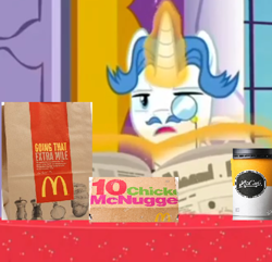 Size: 492x475 | Tagged: safe, edit, edited screencap, imported from ponybooru, screencap, fancypants, canterlot, coffee, drink, episode needed, facial hair, glowing horn, horn, lowres, magic, male, mcdonald's, moustache, newspaper, nuggies, solo, stallion, table