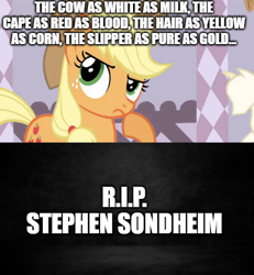 Size: 500x542 | Tagged: safe, edit, edited screencap, imported from derpibooru, screencap, applejack, comic, in memoriam, into the woods, rest in peace, reupload, screencap comic, song reference