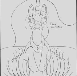 Size: 833x821 | Tagged: safe, artist:enonnnymous, princess celestia, oc, oc:anon, alicorn, pony, /sun/, crying, dialogue, holding hooves, monochrome, offscreen character, pov, simple background, smiling, spread wings, tears of joy, wings, wip