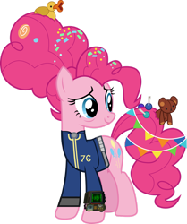 Size: 1280x1528 | Tagged: safe, artist:cloudy glow, artist:ponygamer2020, imported from derpibooru, pinkie pie, earth pony, pony, fallout equestria, the last problem, absurd resolution, candy, clothes, fallout, fallout 76, female, food, jumpsuit, lollipop, mare, older, older pinkie pie, pip-boy 2000 mark vi, pipboy, plushie, rubber duck, simple background, smiling, solo, teddy bear, transparent background, vault suit, vector