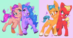 Size: 856x442 | Tagged: source needed, safe, artist:gum-gibbs, imported from derpibooru, hitch trailblazer, izzy moonbow, sprout cloverleaf, sunny starscout, earth pony, pony, unicorn, blaze (coat marking), blushing, coat markings, colored hooves, dreamworks face, facial markings, female, g5, gay, hitchsprout, izzyscout, lesbian, male, mare, my little pony: a new generation, shipping, simple background, small resolution, stallion, unshorn fetlocks