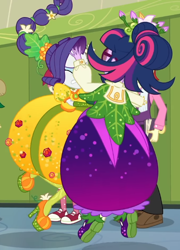 Size: 484x671 | Tagged: safe, imported from derpibooru, screencap, rarity, sci-twi, twilight sparkle, equestria girls, equestria girls series, holidays unwrapped, spoiler:eqg series (season 2), converse, cornucopia costumes, cropped, inflatable dress, o come all ye squashful, shoes