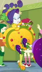 Size: 377x644 | Tagged: safe, imported from derpibooru, screencap, rarity, roseluck, sci-twi, twilight sparkle, equestria girls, equestria girls series, holidays unwrapped, spoiler:eqg series (season 2), canterlot high, cornucopia costumes, cropped, inflatable dress, lockers, o come all ye squashful