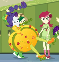 Size: 537x565 | Tagged: safe, imported from derpibooru, screencap, rarity, roseluck, sweet leaf, equestria girls, equestria girls series, holidays unwrapped, spoiler:eqg series (season 2), canterlot high, converse, cornucopia costumes, cropped, female, inflatable dress, lockers, o come all ye squashful, shoes