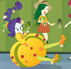 Size: 496x478 | Tagged: safe, imported from derpibooru, screencap, rarity, roseluck, sweet leaf, equestria girls, equestria girls series, holidays unwrapped, spoiler:eqg series (season 2), cornucopia costumes, cropped, inflatable dress, o come all ye squashful