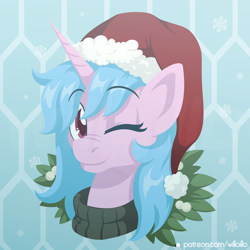 Size: 2000x2000 | Tagged: safe, artist:willoillo, imported from derpibooru, oc, oc:sapphire, pony, unicorn, christmas, commission, hat, high res, holiday, santa hat, winter