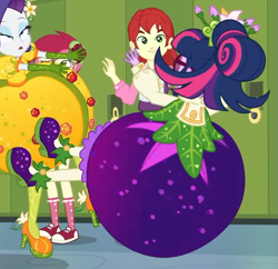 Size: 575x557 | Tagged: safe, imported from derpibooru, screencap, nolan north, rarity, roseluck, sci-twi, twilight sparkle, equestria girls, equestria girls series, holidays unwrapped, spoiler:eqg series (season 2), converse, cornucopia costumes, cropped, inflatable dress, o come all ye squashful, shoes