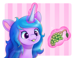 Size: 1668x1299 | Tagged: safe, artist:malarkey, imported from derpibooru, izzy moonbow, pony, unicorn, bust, cute, eating, featured image, female, food, fruit, g5, glowing, glowing horn, grapes, herbivore, horn, izzybetes, levitation, magic, magic aura, mare, mouth hold, my little pony: a new generation, portrait, sexy, simple background, smiling, solo, telekinesis