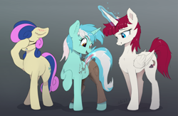 Size: 3903x2552 | Tagged: safe, artist:xbi, imported from derpibooru, bon bon, lyra heartstrings, sweetie drops, oc, oc:fausticorn, alicorn, earth pony, pony, unicorn, alicorn oc, autograph, blushing, body writing, bon bon is not amused, clothes, ears back, eye clipping through hair, eyebrows, eyebrows visible through hair, facehoof, feather, female, frown, glowing, glowing horn, gradient background, high res, horn, implied tail hole, lesbian, lyra doing lyra things, lyrabon, magic, magic aura, mare, open mouth, open smile, pants, physique difference, plothole plush lyra, plushie, pocket, raised hoof, shipping, signing, slim, smiling, sternocleidomastoid, tail, teeth, telekinesis, thin, trio, trio female, unamused, wings, writing