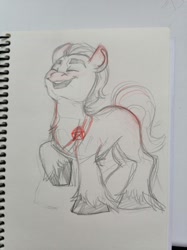 Size: 1280x1707 | Tagged: safe, artist:crees-a, imported from derpibooru, sprout cloverleaf, earth pony, pony, eyes closed, g5, male, my little pony: a new generation, raised hoof, sketch, smiling, solo, stallion, traditional art, unshorn fetlocks