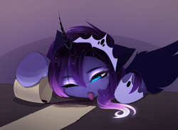 Size: 3889x2845 | Tagged: source needed, safe, artist:magnaluna, imported from derpibooru, princess luna, alicorn, pony, cup, gradient mane, high res, hoof shoes, jewelry, licking, one eye closed, paper, regalia, simple background, spilled drink, spread wings, tongue out, wings