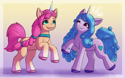 Size: 2000x1250 | Tagged: safe, artist:splishsplat, imported from derpibooru, izzy moonbow, sunny starscout, earth pony, pony, unicorn, spoiler:my little pony: a new generation, duo, duo female, eye clipping through hair, eyebrows, eyebrows visible through hair, fake horn, female, fit right in (g5), g5, grin, mare, my little pony: a new generation, one eye closed, open mouth, open smile, rearing, smiling, standing on two hooves, wink