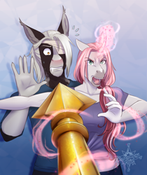 Size: 2256x2688 | Tagged: safe, artist:askbubblelee, imported from derpibooru, oc, oc:rosie quartz, oc:victor bates, anthro, bat pony, unguligrade anthro, unicorn, angry, anthro oc, bandage, bat pony oc, clothes, digital art, duo, female, glowing, glowing horn, high res, horn, magic, male, mare, offscreen character, protecting, shirt, stallion, story in the source, surprised, unicorn oc, vicsie