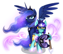 Size: 8614x7385 | Tagged: safe, artist:opal_radiance, imported from derpibooru, lightning dust, princess luna, alicorn, pegasus, pony, absurd resolution, armor, commission, duo, duo female, ethereal mane, female, frown, galaxy mane, magic, mare, night guard, night guard armor, shield, signature, simple background, spear, spread wings, transparent background, weapon, wing hold, wings