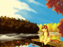 Size: 1600x1200 | Tagged: safe, artist:escapist, imported from derpibooru, apple bloom, pony, autumn, cloud, forest, lake, leaves, mist, pier, reflection, scenery, solo, tree, water