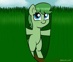 Size: 1166x988 | Tagged: safe, artist:heretichesh, imported from derpibooru, oc, oc only, earth pony, pony, bipedal, female, filly, grass, smiling, solo