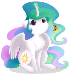 Size: 2000x2100 | Tagged: safe, artist:maravor, imported from derpibooru, princess celestia, alicorn, pony, chest fluff, cookie, curved horn, cute, cutelestia, eating, female, food, glowing, glowing horn, high res, horn, magic, mare, signature, simple background, sitting, smiling, solo, telekinesis