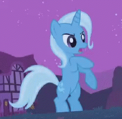 Size: 250x244 | Tagged: safe, edit, edited screencap, imported from derpibooru, screencap, trixie, pony, unicorn, boast busters, season 1, animated, bipedal, gif, hoofy-kicks, night, open mouth, ponyville, rearing, solo