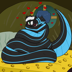 Size: 894x894 | Tagged: safe, artist:zombineko, imported from derpibooru, oc, oc:jaja steele, oc:zenawa skunkpony, hybrid, skunk, skunk pony, snake, bed, blushing, coils, eyes closed, floating heart, heart, licking, licking cheeks, night, non-mlp oc, non-pony oc, one eye closed, raised tail, smiling, snuggling, tail, tongue out, wingdings, zecora's hut